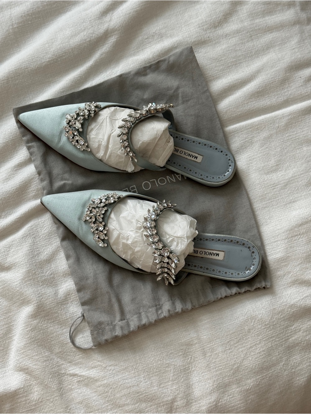 Manolo Blahnik Lurum Light Blue Mule Flats